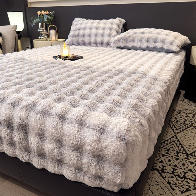 3 Pieces Luxury Faux Rabbit Fur Thick Plush Fluffy Fitted Bed Sheet Cover Set