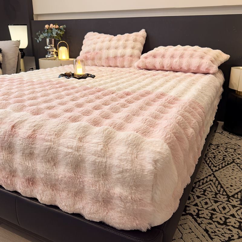 3 Pieces Luxury Faux Rabbit Fur Thick Plush Fluffy Fitted Bed Sheet Cover Set