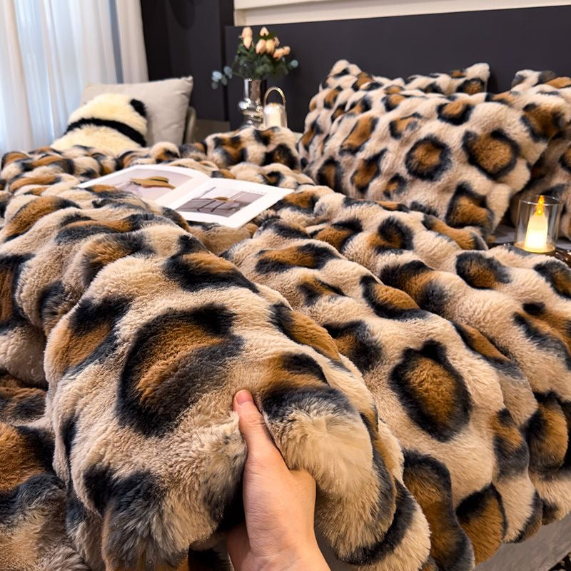 Elite Rabbit Fur Plush Thickened Milk Fleece Sheets & Duvet Cover Bed Set