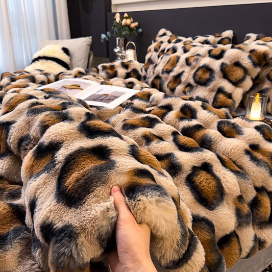 Elite Rabbit Fur Plush Thickened Milk Fleece Sheets & Duvet Cover Bed Set