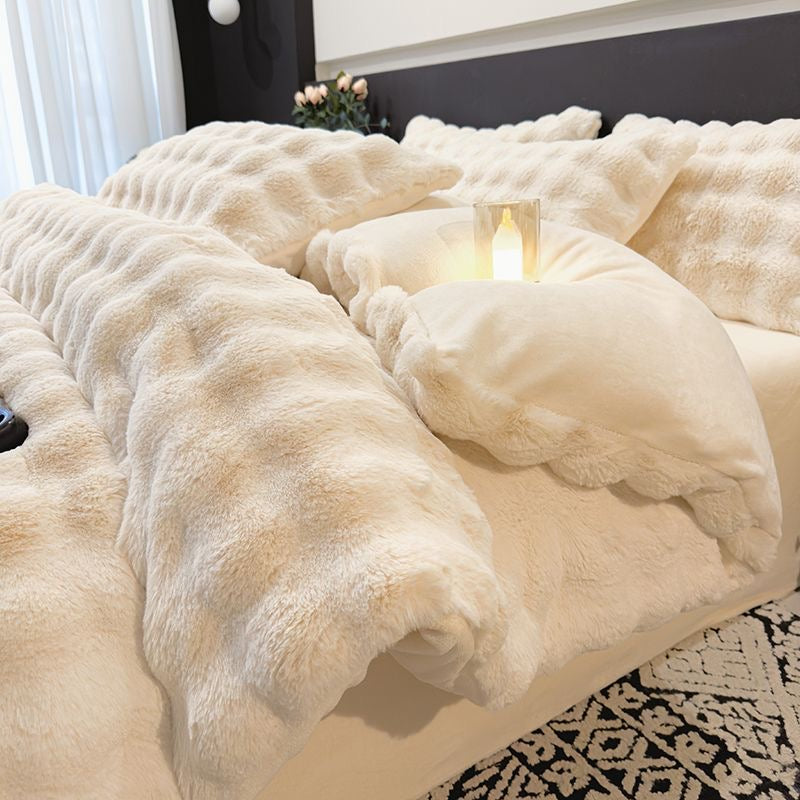 Elite Rabbit Fur Plush Thickened Milk Fleece Sheets & Duvet Cover Bed Set