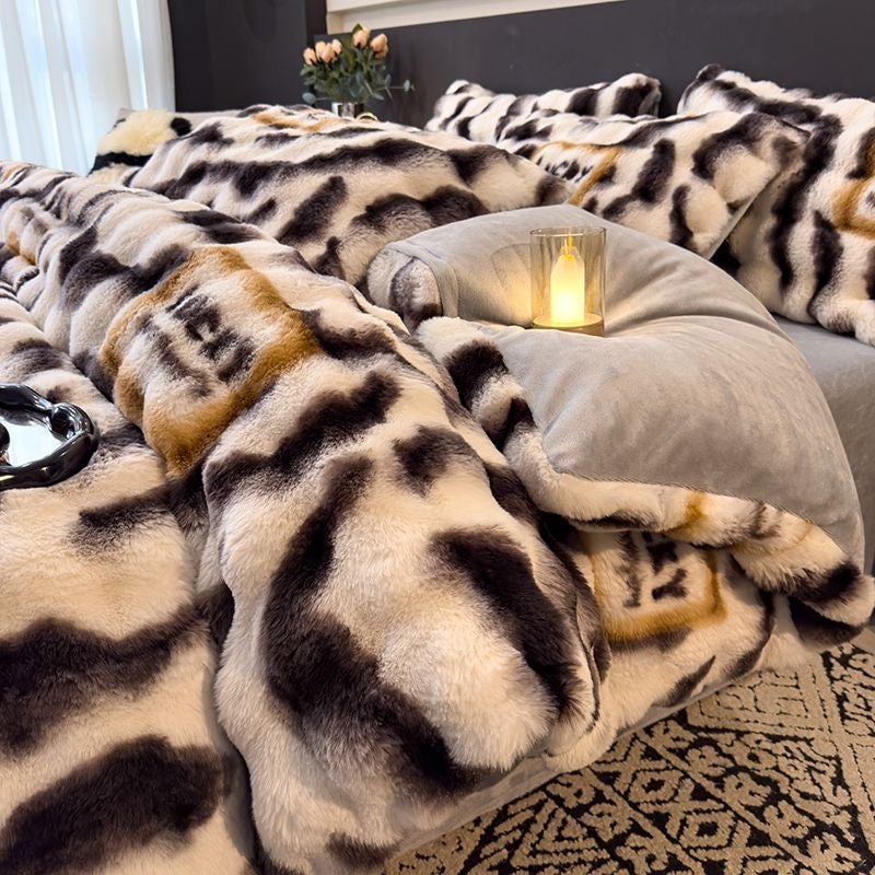 Elite Rabbit Fur Plush Thickened Milk Fleece Sheets & Duvet Cover Bed Set