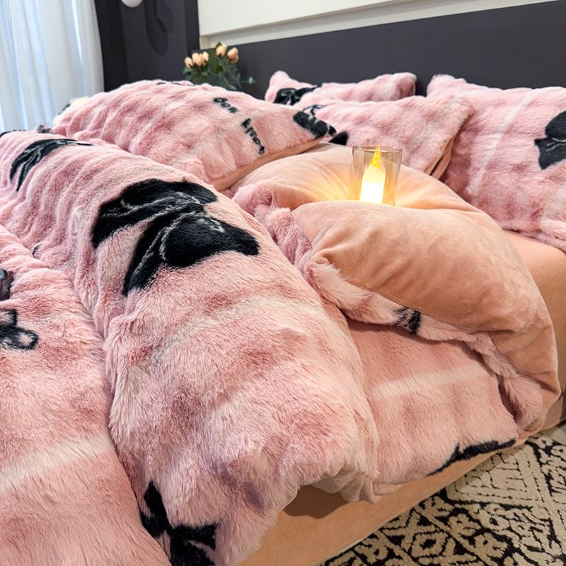 Elite Rabbit Fur Plush Thickened Milk Fleece Sheets & Duvet Cover Bed Set