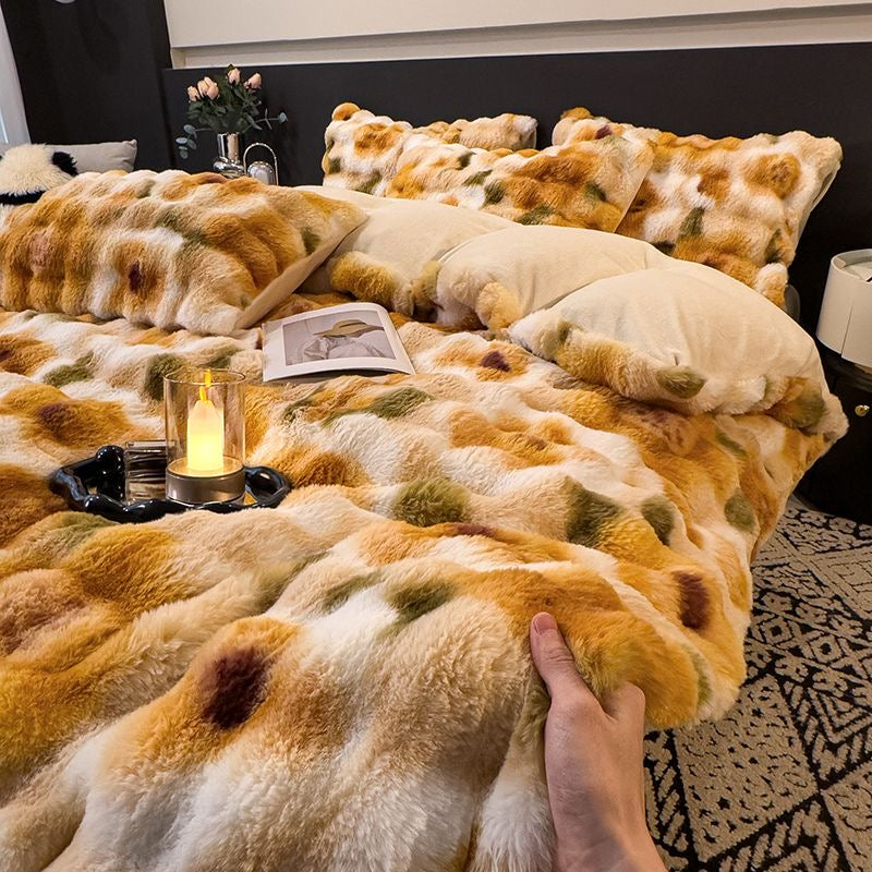 Elite Rabbit Fur Plush Thickened Milk Fleece Sheets & Duvet Cover Bed Set