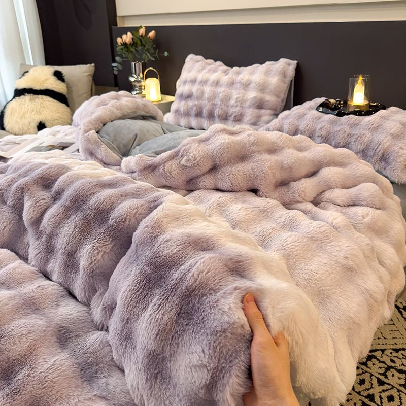 Elite Rabbit Fur Plush Thickened Milk Fleece Sheets & Duvet Cover Bed Set