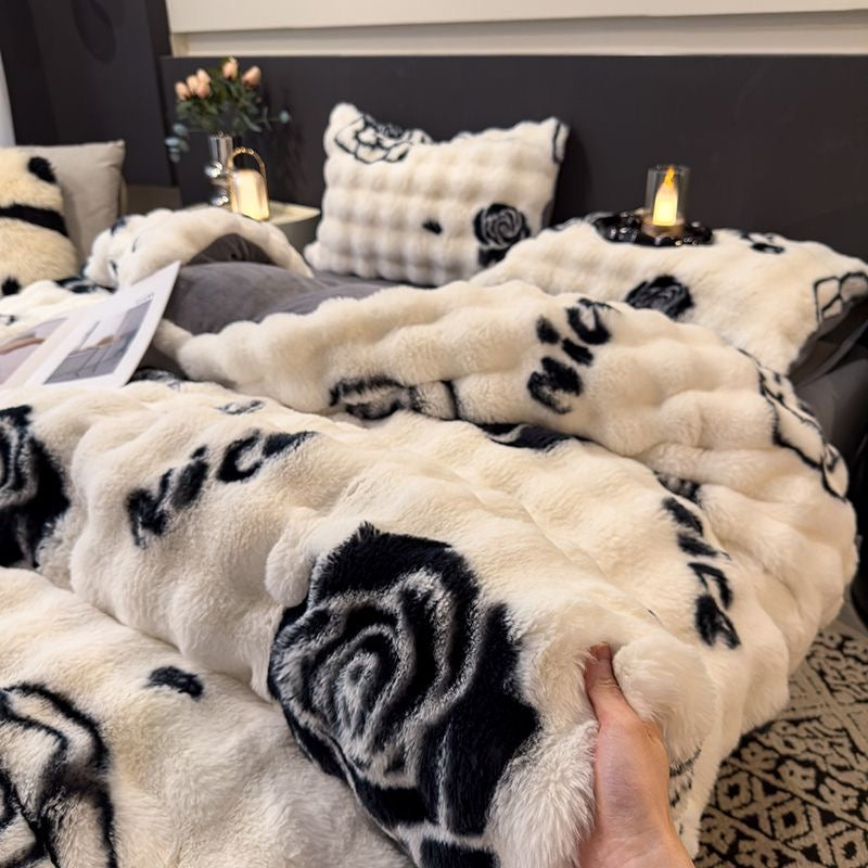 Elite Rabbit Fur Plush Thickened Milk Fleece Sheets & Duvet Cover Bed Set