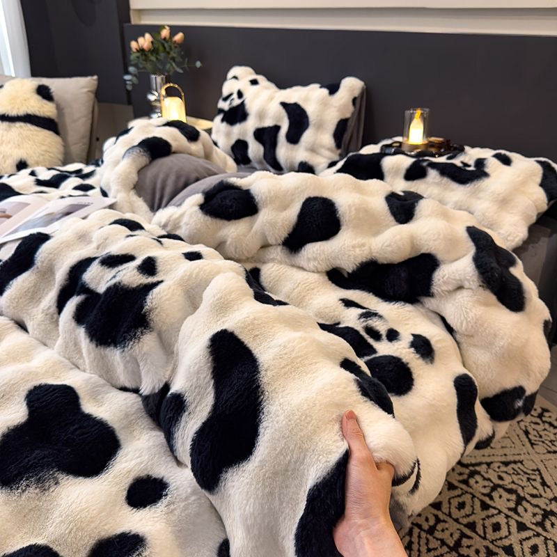 Elite Rabbit Fur Plush Thickened Milk Fleece Sheets & Duvet Cover Bed Set