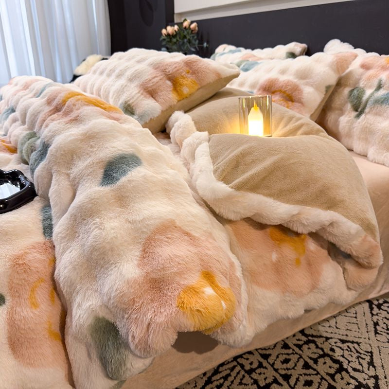 Elite Rabbit Fur Plush Thickened Milk Fleece Sheets & Duvet Cover Bed Set