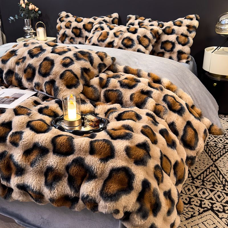 Elite Rabbit Fur Plush Thickened Milk Fleece Sheets & Duvet Cover Bed Set