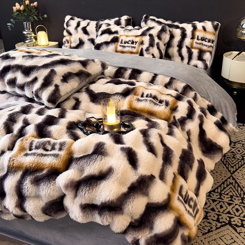 Elite Rabbit Fur Plush Thickened Milk Fleece Sheets & Duvet Cover Bed Set