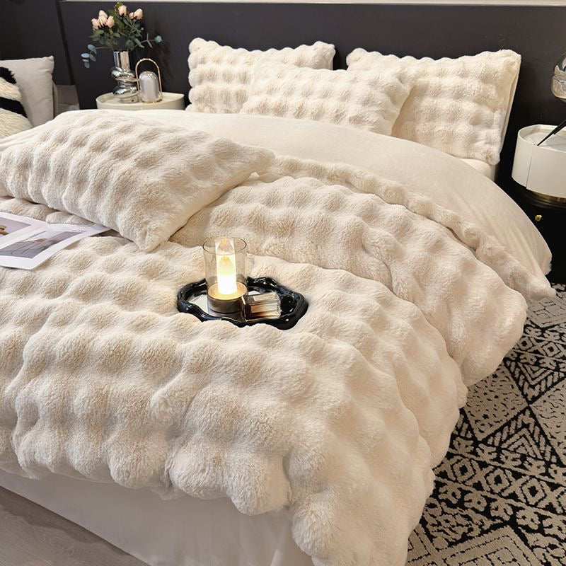 Elite Rabbit Fur Plush Thickened Milk Fleece Sheets & Duvet Cover Bed Set