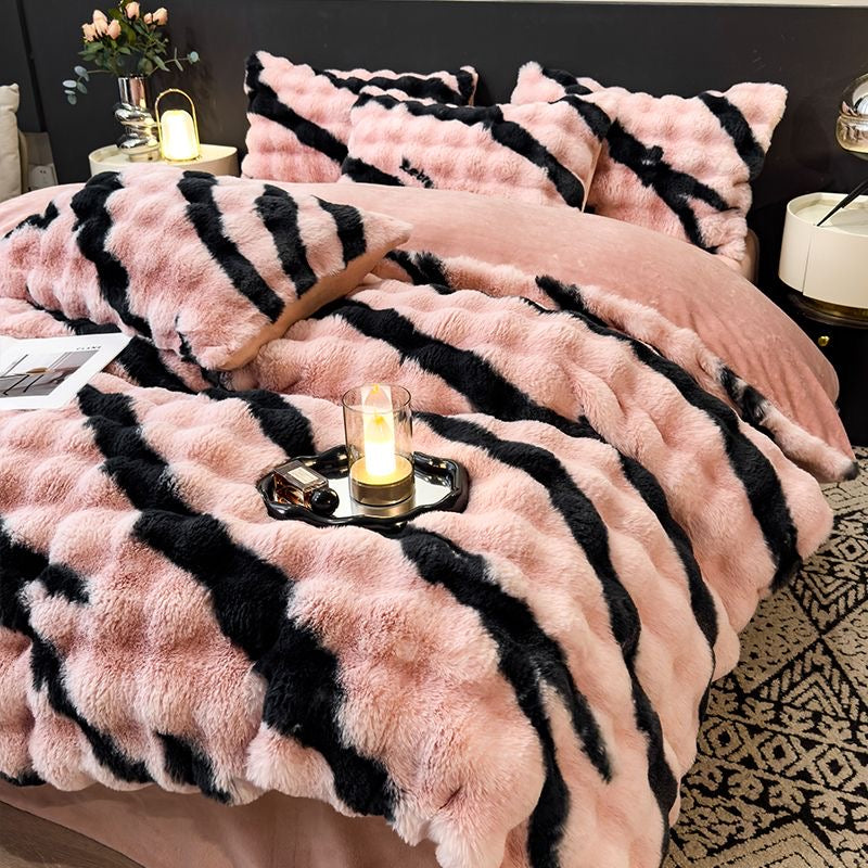 Elite Rabbit Fur Plush Thickened Milk Fleece Sheets & Duvet Cover Bed Set