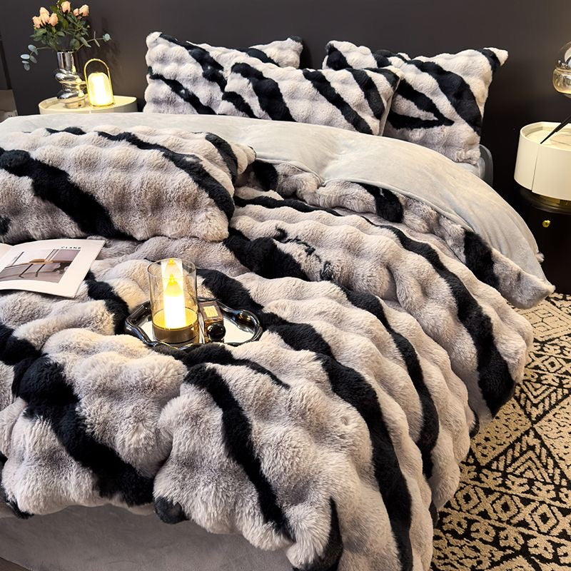 Elite Rabbit Fur Plush Thickened Milk Fleece Sheets & Duvet Cover Bed Set