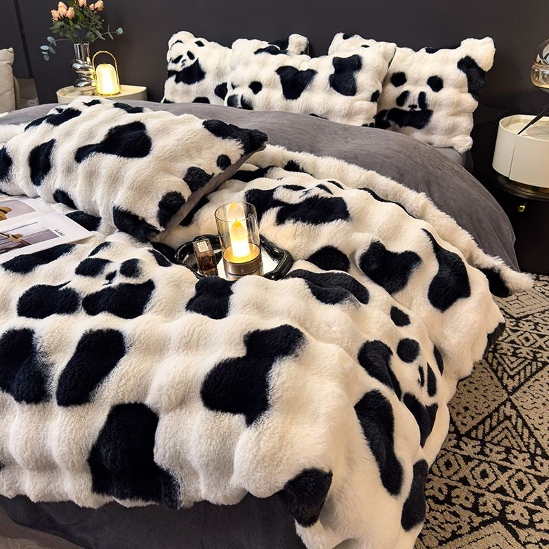 Elite Rabbit Fur Plush Thickened Milk Fleece Sheets & Duvet Cover Bed Set