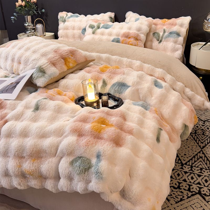 Elite Rabbit Fur Plush Thickened Milk Fleece Sheets & Duvet Cover Bed Set