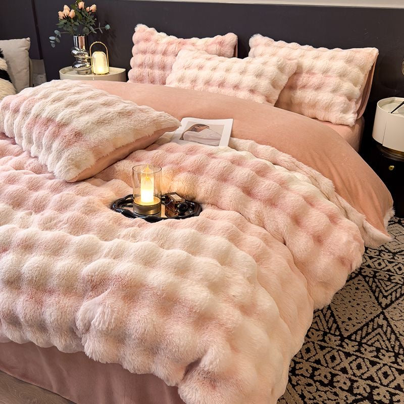 Elite Rabbit Fur Plush Thickened Milk Fleece Sheets & Duvet Cover Bed Set
