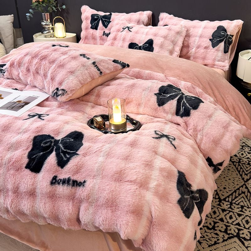 Elite Rabbit Fur Plush Thickened Milk Fleece Sheets & Duvet Cover Bed Set