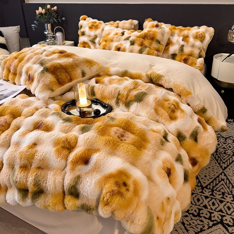 Elite Rabbit Fur Plush Thickened Milk Fleece Sheets & Duvet Cover Bed Set