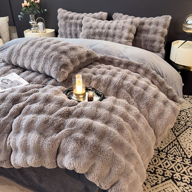 Elite Rabbit Fur Plush Thickened Milk Fleece Sheets & Duvet Cover Bed Set