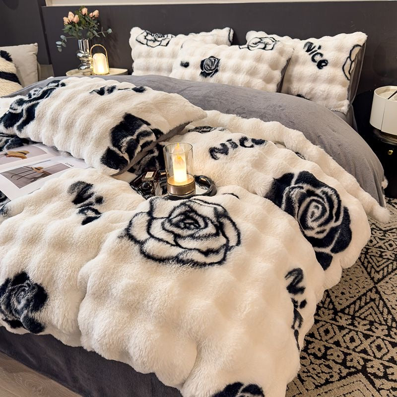 Elite Rabbit Fur Plush Thickened Milk Fleece Sheets & Duvet Cover Bed Set