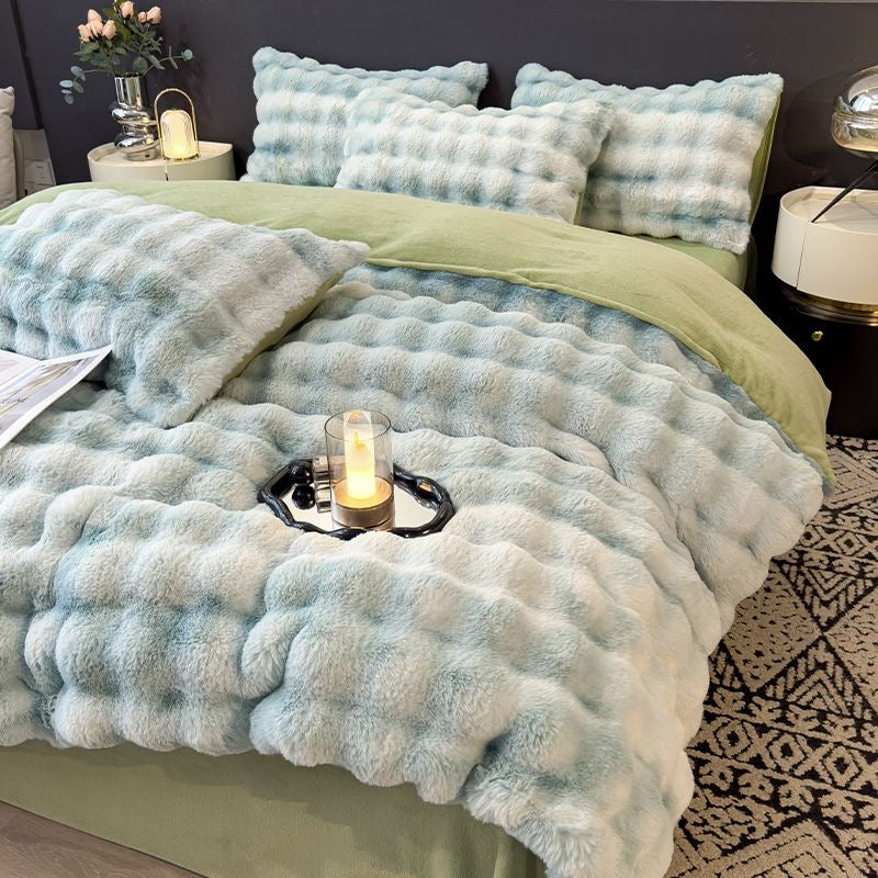 Elite Rabbit Fur Plush Thickened Milk Fleece Sheets & Duvet Cover Bed Set