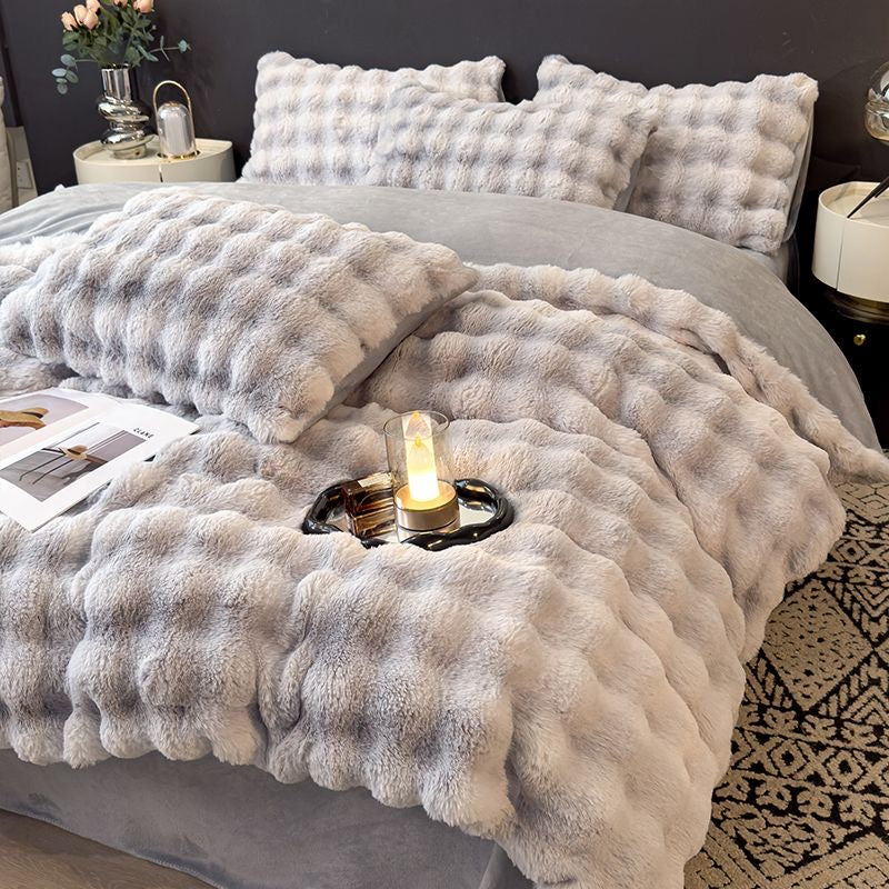 Elite Rabbit Fur Plush Thickened Milk Fleece Sheets & Duvet Cover Bed Set