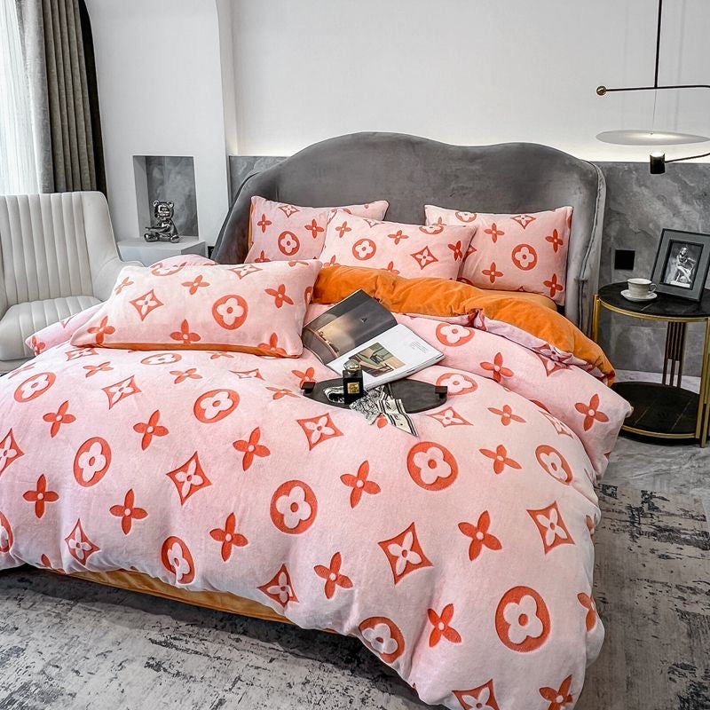 Luxury Embossed Flannel Instant Warm Plush Milk Velvet Bedding Set