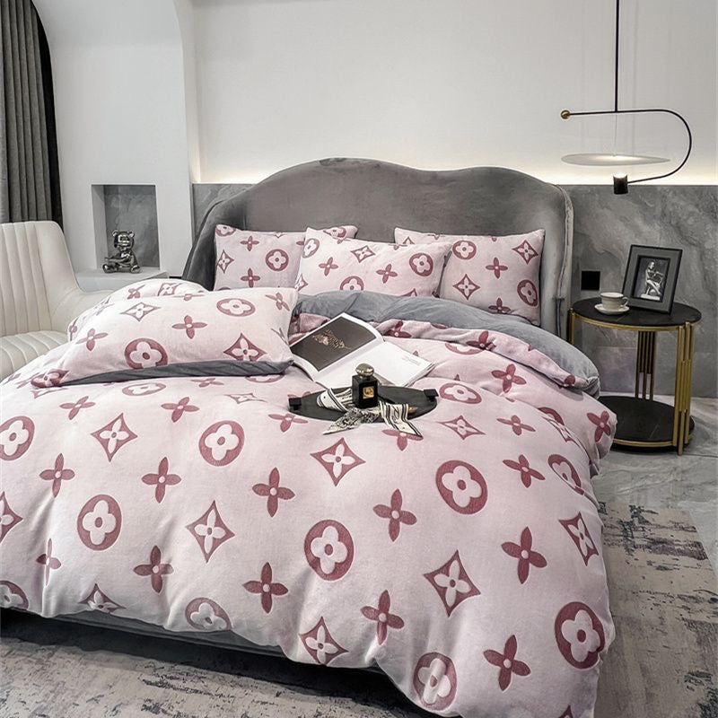 Luxury Embossed Flannel Instant Warm Plush Milk Velvet Bedding Set