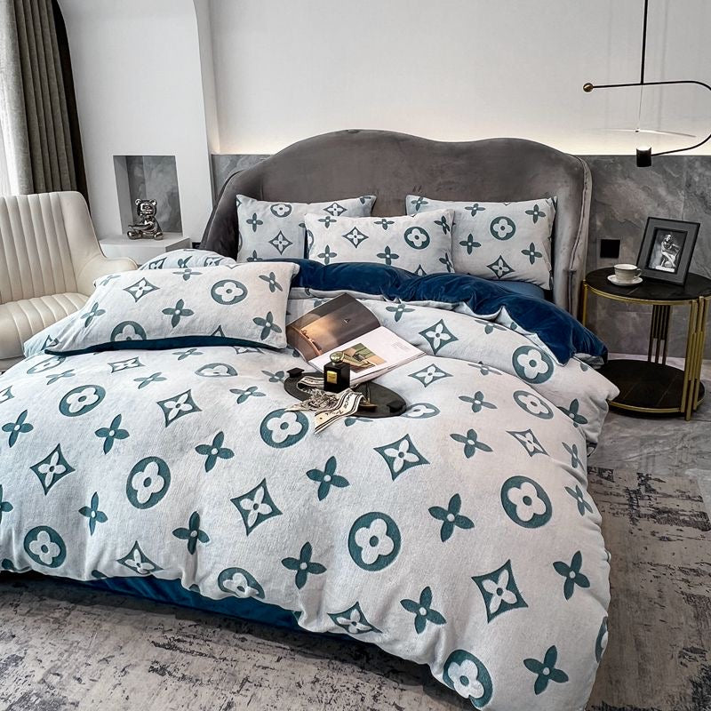 Luxury Embossed Flannel Instant Warm Plush Milk Velvet Bedding Set