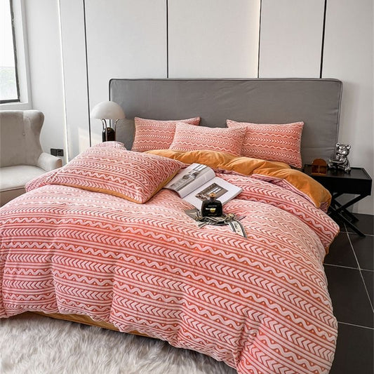 Luxury Embossed Flannel Instant Warm Plush Milk Velvet Bedding Set