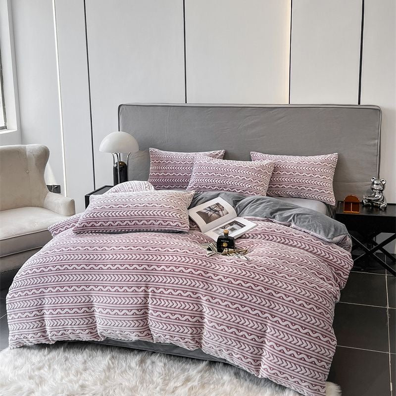 Luxury Embossed Flannel Instant Warm Plush Milk Velvet Bedding Set