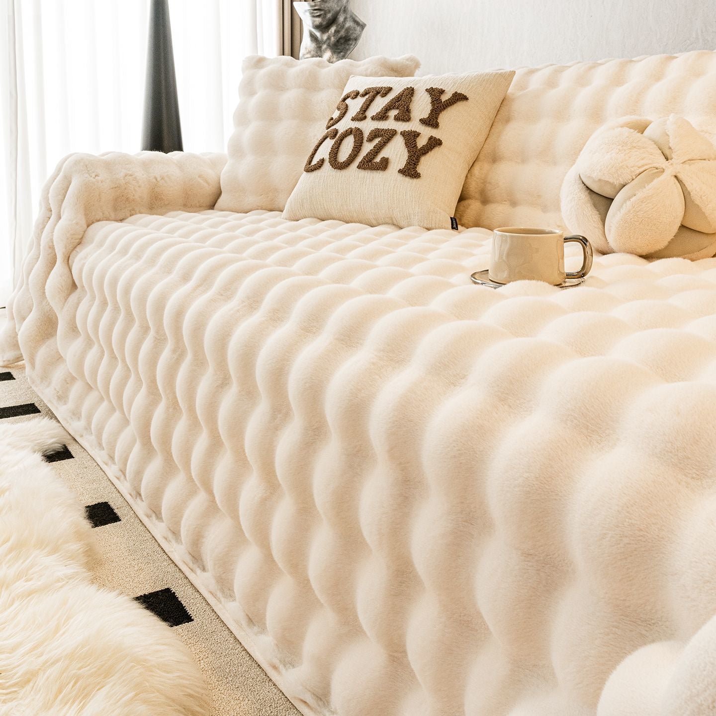 Stay Cozy Ultra Soft Faux Rabbit Fur Thick Plush Couch Blanket Sofa Cover