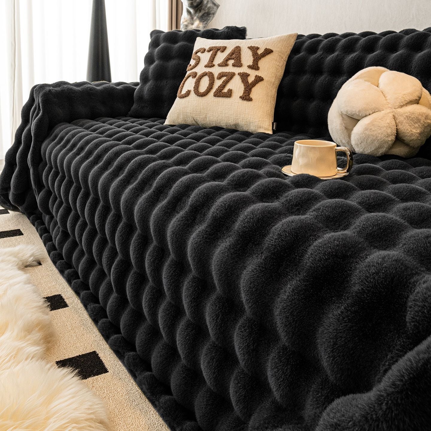 Stay Cozy Ultra Soft Faux Rabbit Fur Thick Plush Couch Blanket Sofa Cover