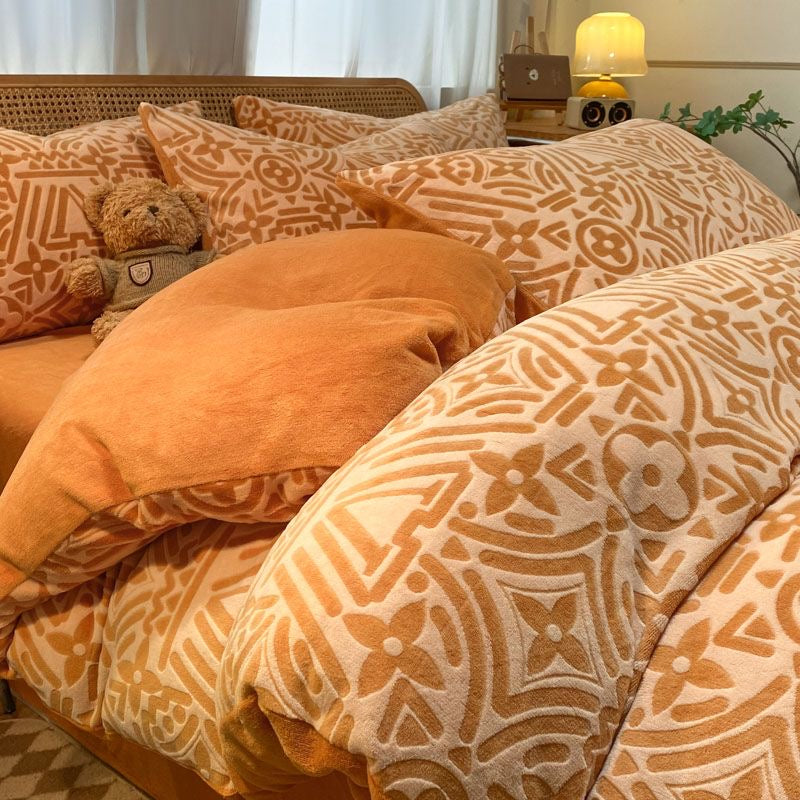 Luxury Embossed Ultra Warm Plush Fleece Double-Sided Milk Velvet Bedding Set