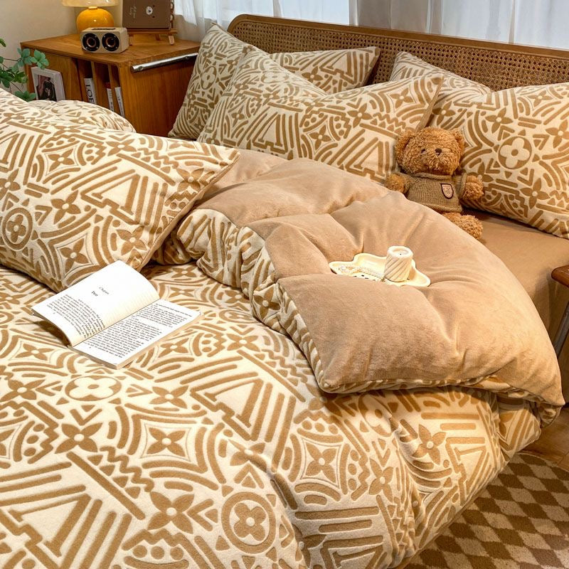 Luxury Embossed Ultra Warm Plush Fleece Double-Sided Milk Velvet Bedding Set