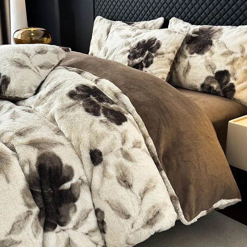 4 Pieces Vintage Print Soft Plush Faux Fur Fuzzy Comforter Cover Bedding Set