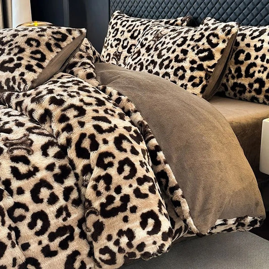 4 Pieces Vintage Print Soft Plush Faux Fur Fuzzy Comforter Cover Bedding Set