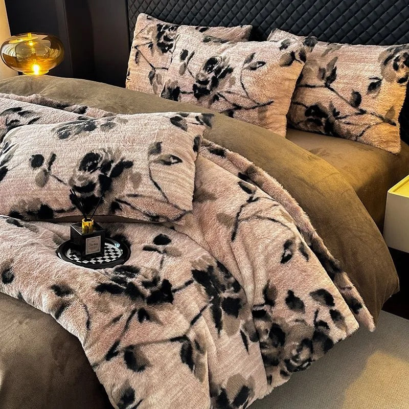 4 Pieces Vintage Print Soft Plush Faux Fur Fuzzy Comforter Cover Bedding Set
