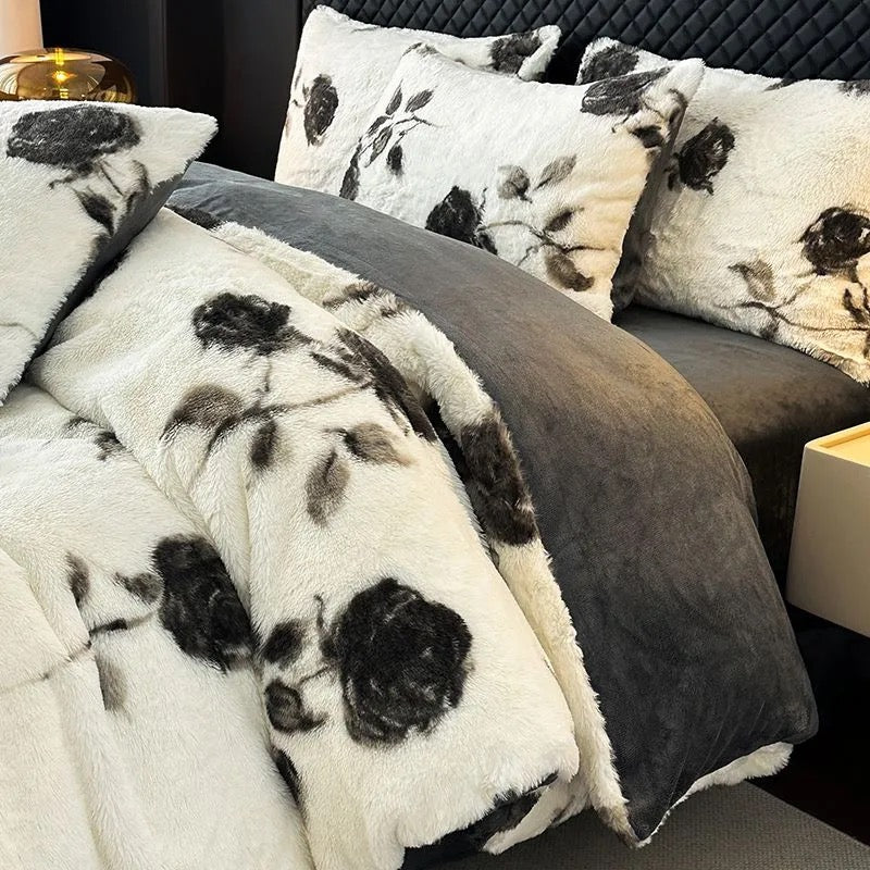 4 Pieces Vintage Print Soft Plush Faux Fur Fuzzy Comforter Cover Bedding Set