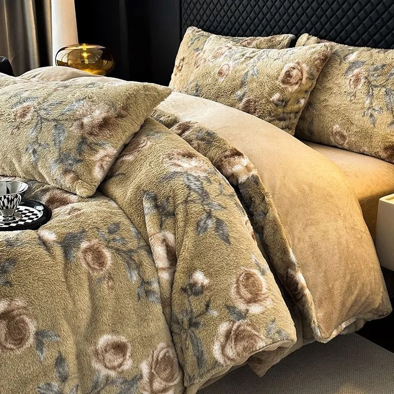 4 Pieces Vintage Print Soft Plush Faux Fur Fuzzy Comforter Cover Bedding Set