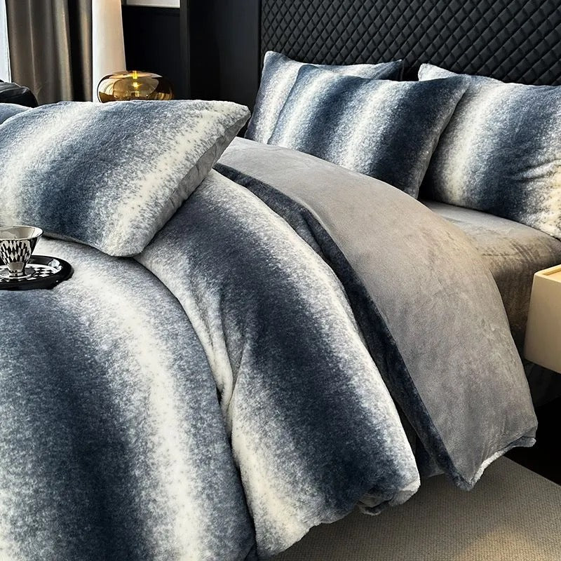 4 Pieces Vintage Print Soft Plush Faux Fur Fuzzy Comforter Cover Bedding Set