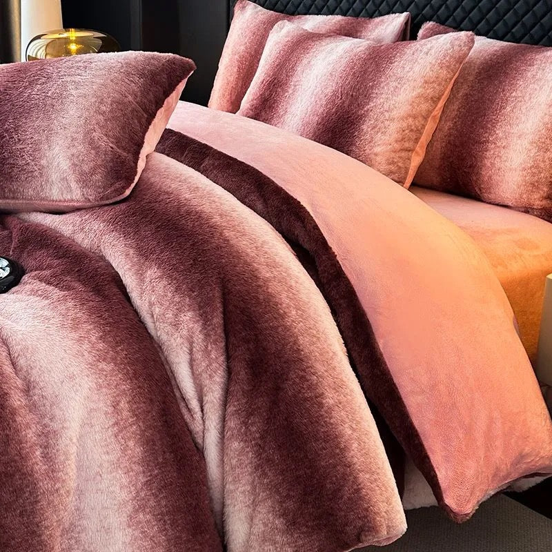 4 Pieces Vintage Print Soft Plush Faux Fur Fuzzy Comforter Cover Bedding Set