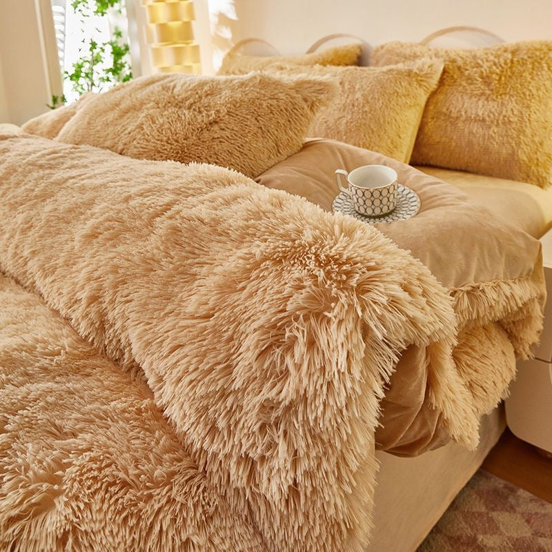4 Pieces Colorful Fluffy Faux Fur Comforter Cover Bedding Set