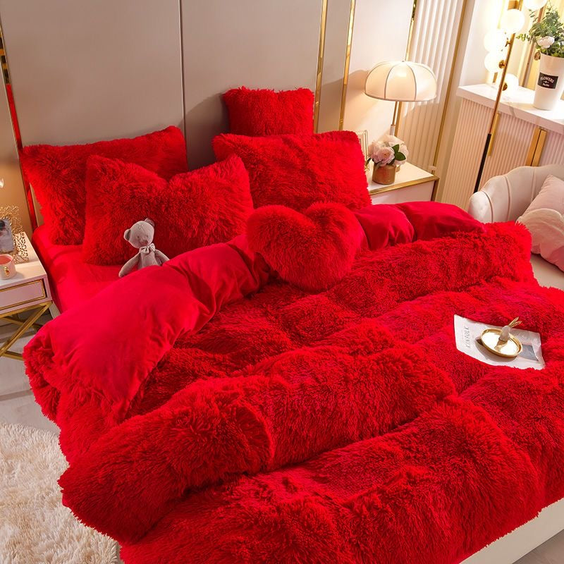 4 Pieces Colorful Fluffy Faux Fur Comforter Cover Bedding Set