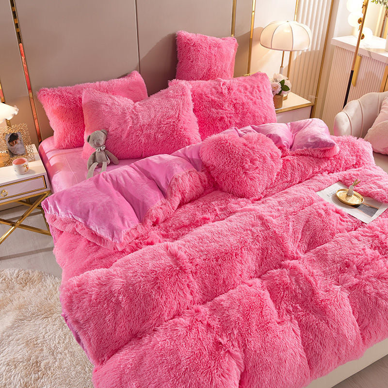 4 Pieces Colorful Fluffy Faux Fur Comforter Cover Bedding Set