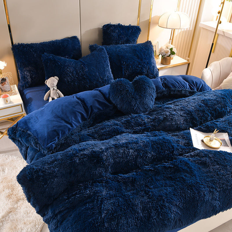 4 Pieces Colorful Fluffy Faux Fur Comforter Cover Bedding Set