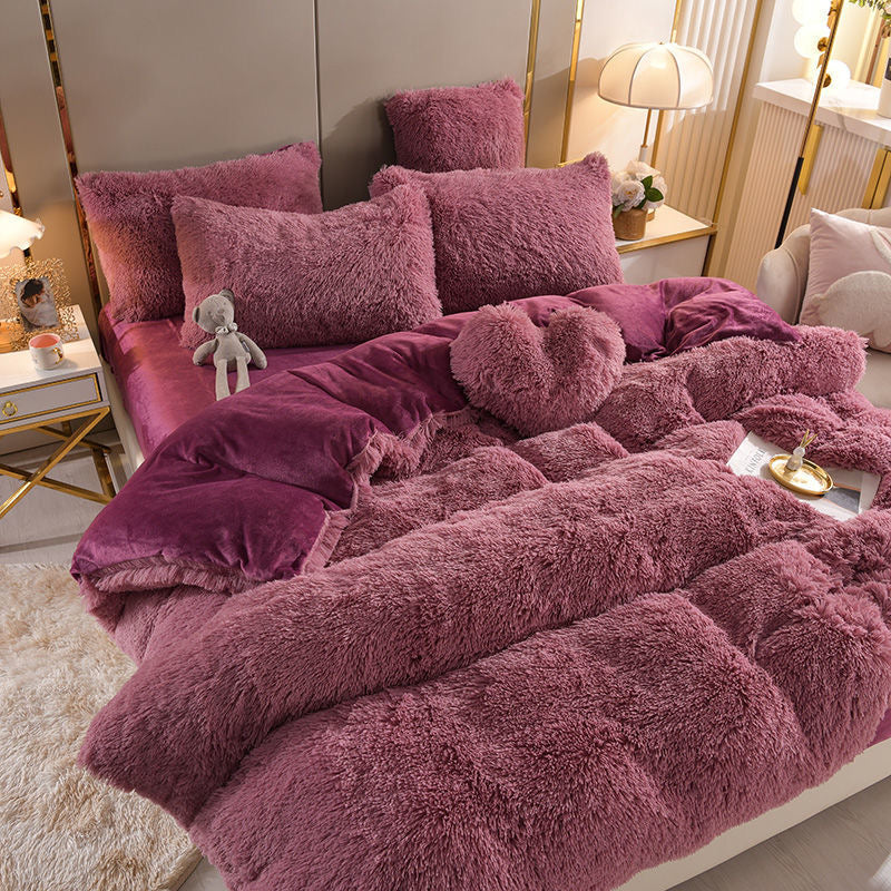 4 Pieces Colorful Fluffy Faux Fur Comforter Cover Bedding Set