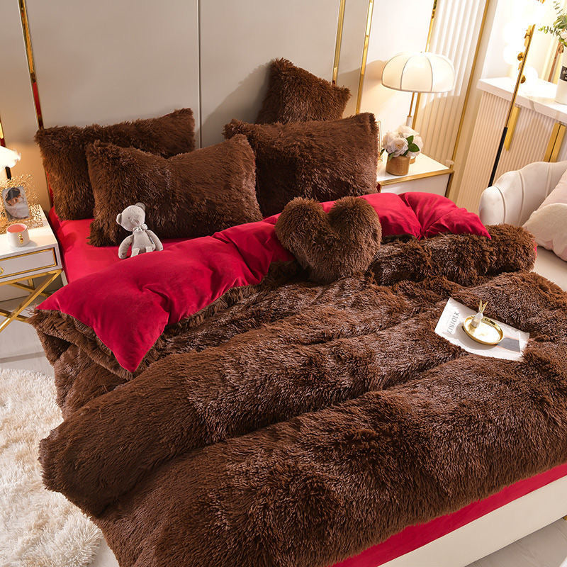 4 Pieces Colorful Fluffy Faux Fur Comforter Cover Bedding Set
