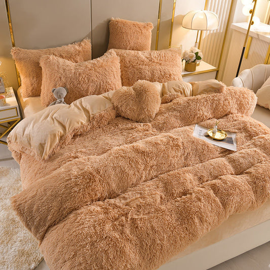 4 Pieces Colorful Fluffy Faux Fur Comforter Cover Bedding Set