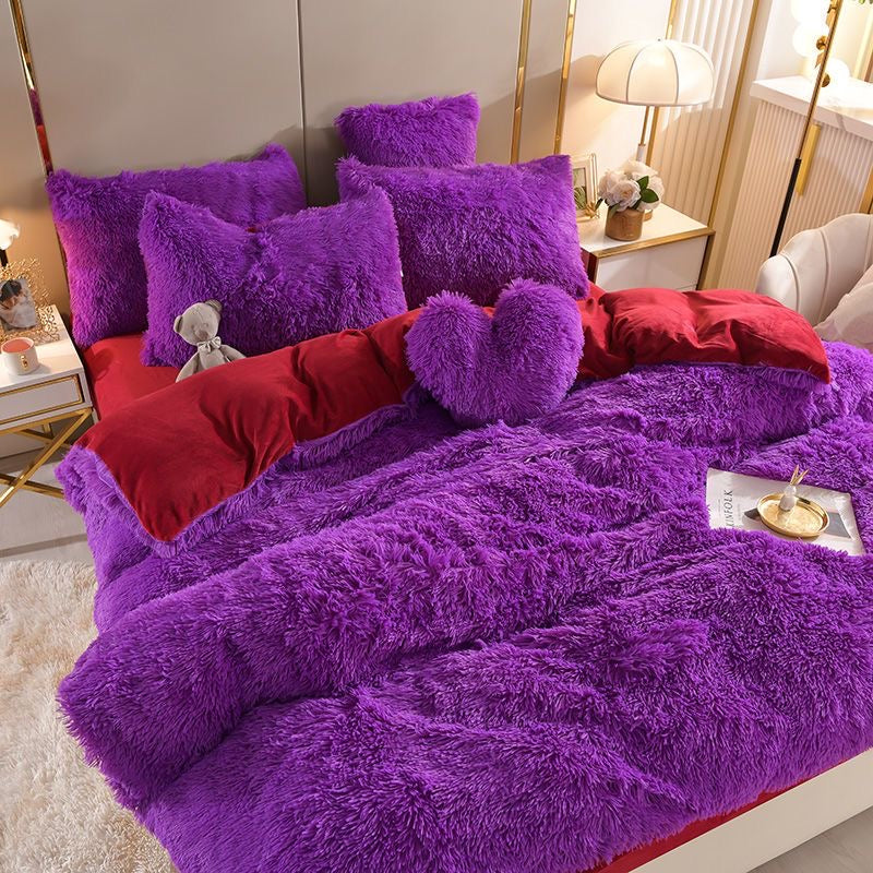 4 Pieces Colorful Fluffy Faux Fur Comforter Cover Bedding Set